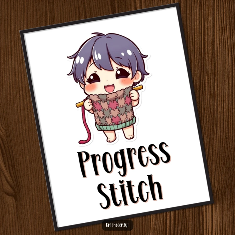 Funny digital art print of a happy character proudly displaying a colorful, half-finished knitted item, perfect for craft rooms.