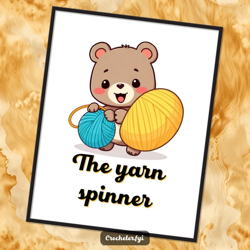 Funny digital art print of a smiling bear character winding a large ball of colorful yarn, bringing cozy cartoon charm.
