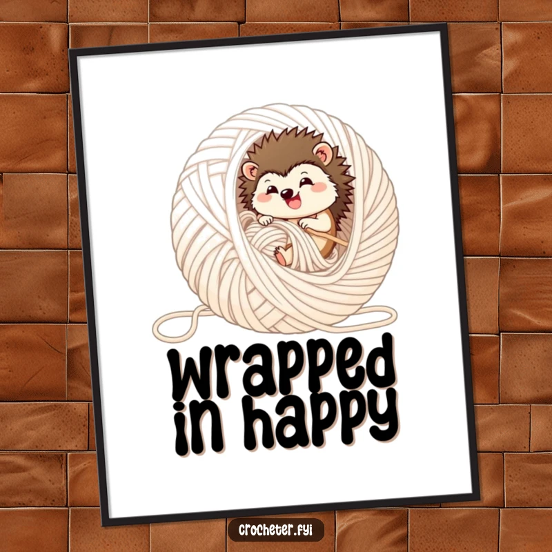 Funny hedgehog digital art print, depicting a happy hedgehog rolling in a huge ball of colorful yarn, ready to print.