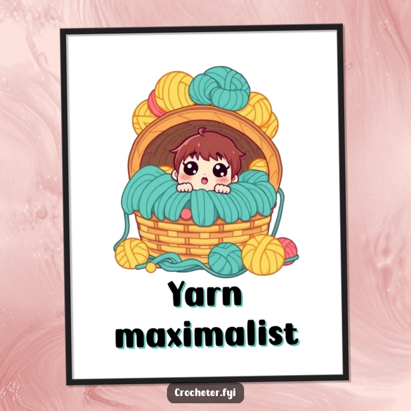 Funny digital art, surprised character looking at a huge, overflowing yarn basket, humorous wall decor.