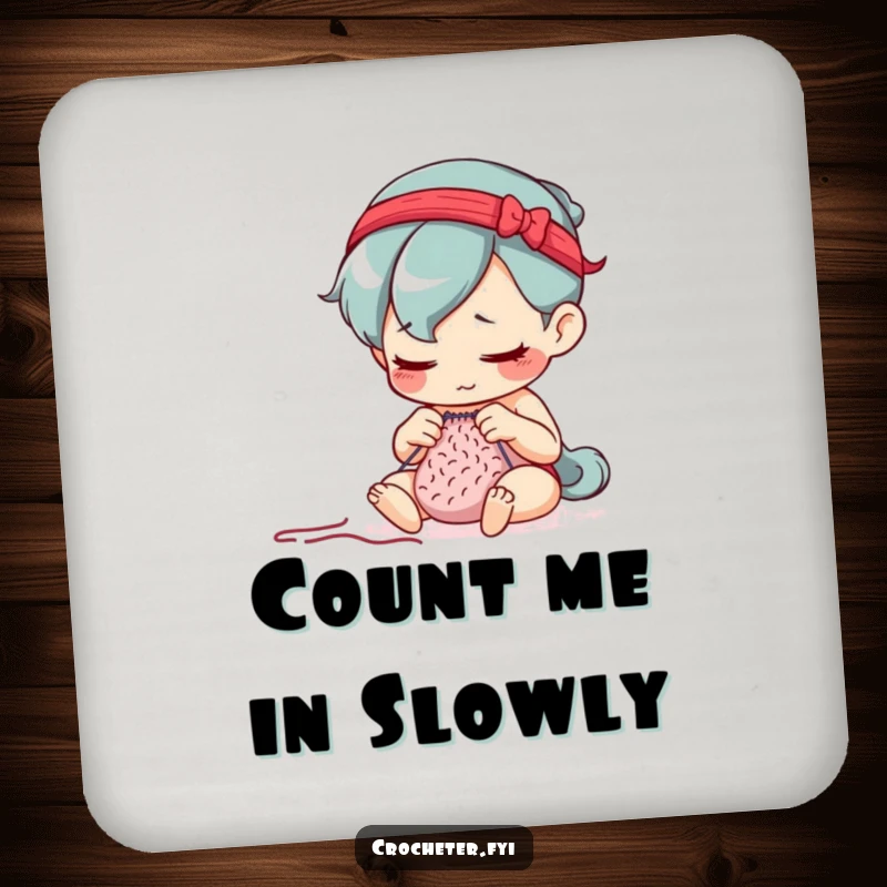 Funny drink coaster showcasing a determined character counting stitches with a focused expression, adding mindful charm.