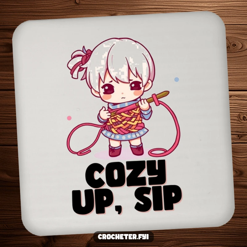 Funny Coaster with a determined character focused on crocheting colorful yarn threads, protecting furniture with humorous style.
