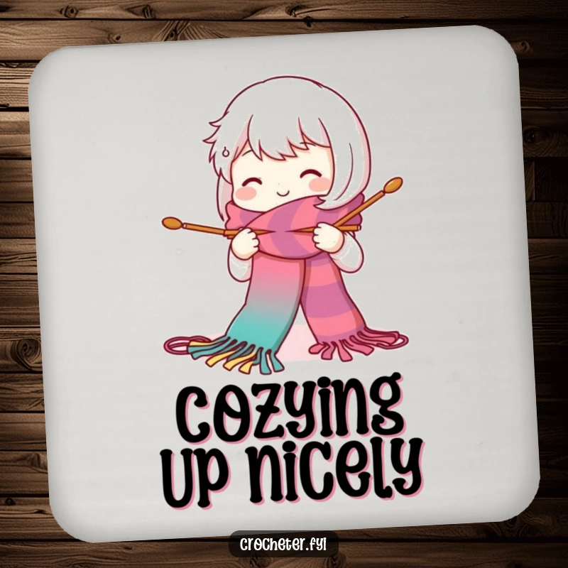 Funny coaster featuring a cute, smiling character knitting a long, colorful scarf with large needles, perfect for protecting surfaces.