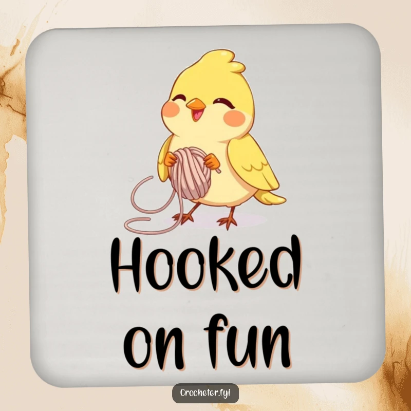 Funny joyful bird intently looping yarn, a humorous drink coaster for craft rooms.