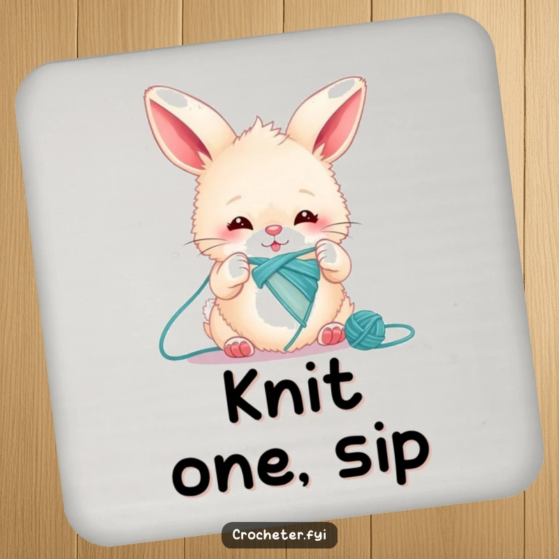 Funny bunny knitting coaster with a fluffy rabbit hilariously trying to knit a single, very long thread, protecting surfaces.