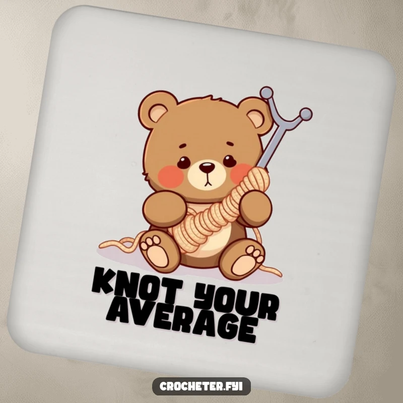 Funny drink coaster with a clumsy bear comically tangled in a large crochet hook, a humorous addition to any table.