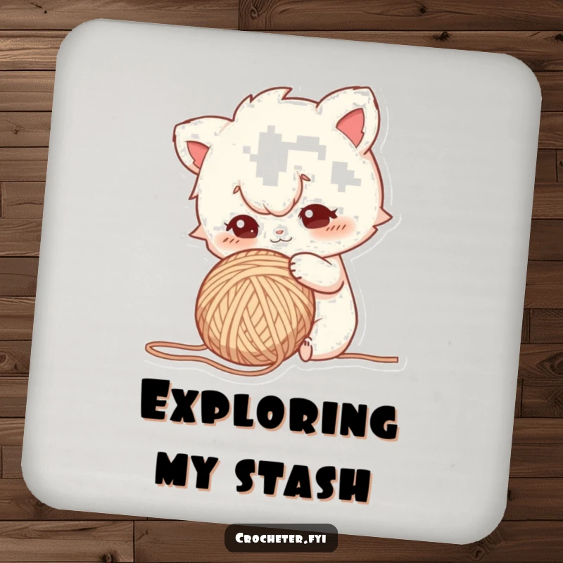 Funny drink coaster showing a curious character poking a yarn ball with a focused gaze, a humorous accessory for tables.