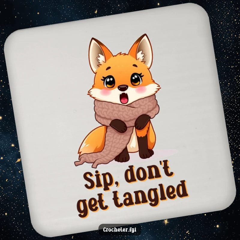 Funny surprised fox crochet coaster entangled in a scarf, a humorous drink accessory.