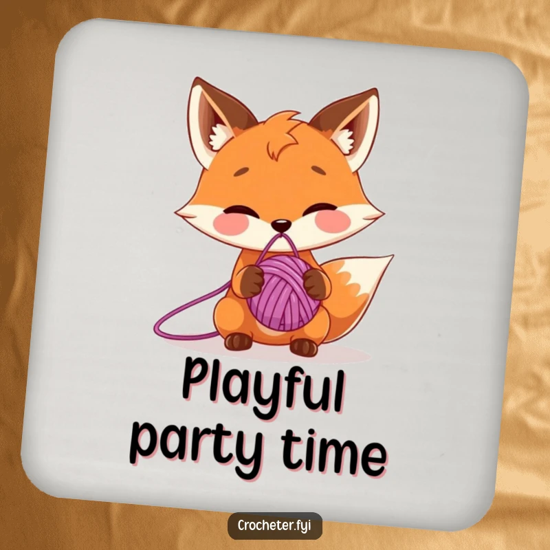 Funny drink coaster with a mischievous fox balancing yarn on its nose, providing surface protection with a playful design.