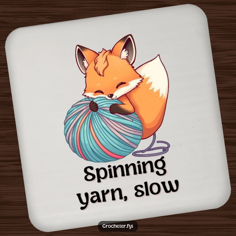 Funny drink coaster featuring a mischievous fox unspooling a huge ball of yarn, protecting surfaces with humor.