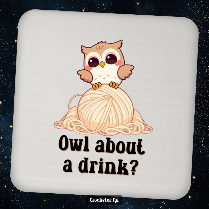 Funny Giggling Owl Coaster: Joyful owl humorously drops a large yarn ball, a funny home decor gift.