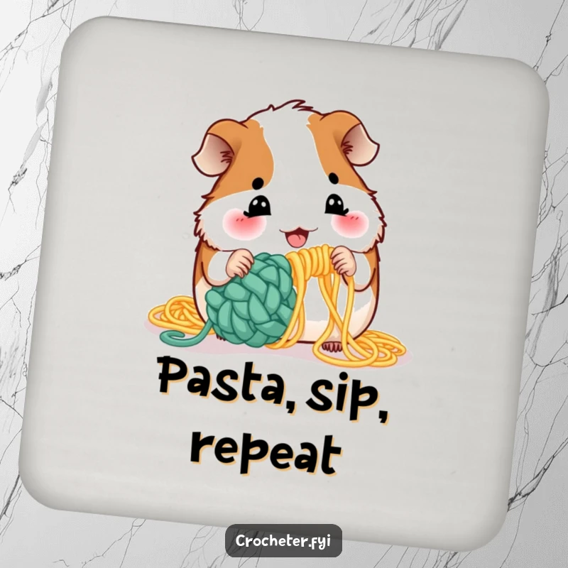 Funny guinea pig crochet coaster with a playful pet attempting to crochet using uncooked spaghetti, protecting surfaces.