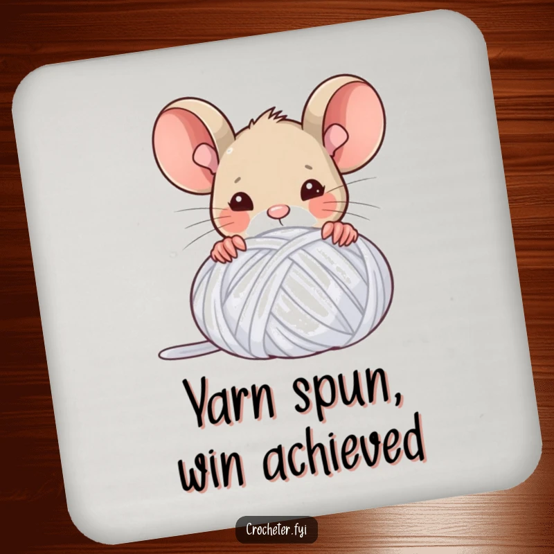 Funny drink coaster with a triumphant mouse peeking from behind a yarn ball, adding humor and protection.