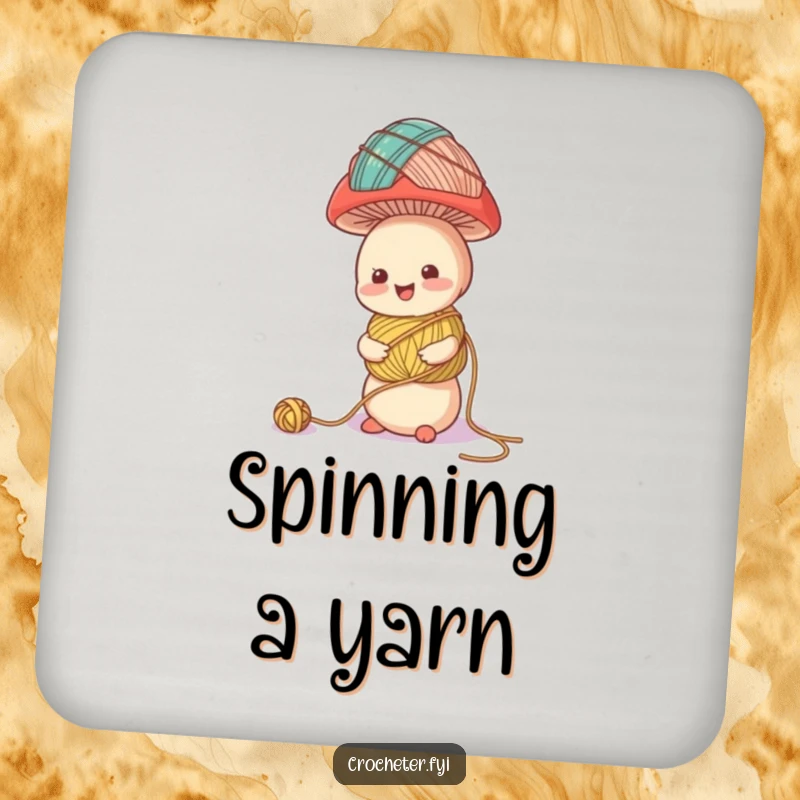 Funny drink coaster with a cheerful mushroom character balancing a large tower of yarn balls, a whimsical addition to any table.