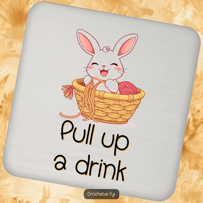 Funny drink coaster with a grinning rabbit pulling yarn from a basket, providing surface protection with a whimsical design.