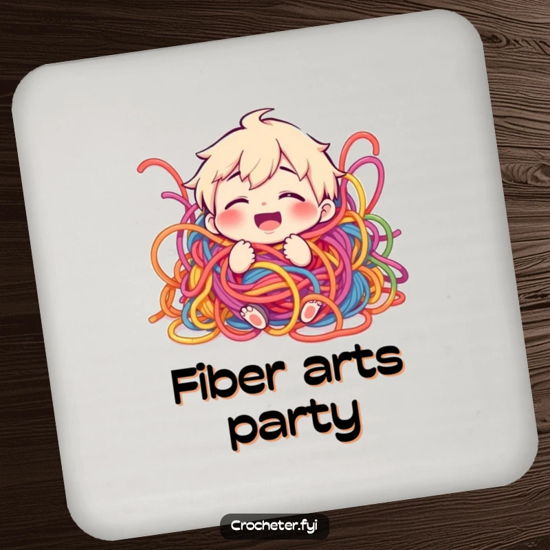 Funny drink coaster featuring a giggling character humorously tangled in a playful mess of colorful yarn.