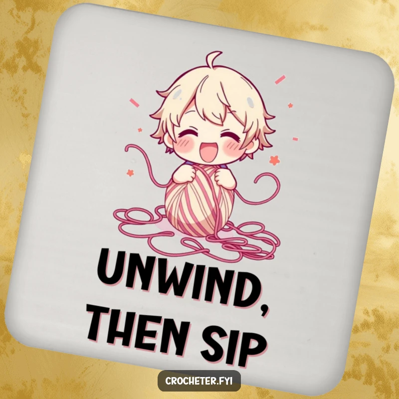 Funny Coaster with a character joyfully unraveling a ball of yarn, scattering it energetically, adding a fun touch to any table.