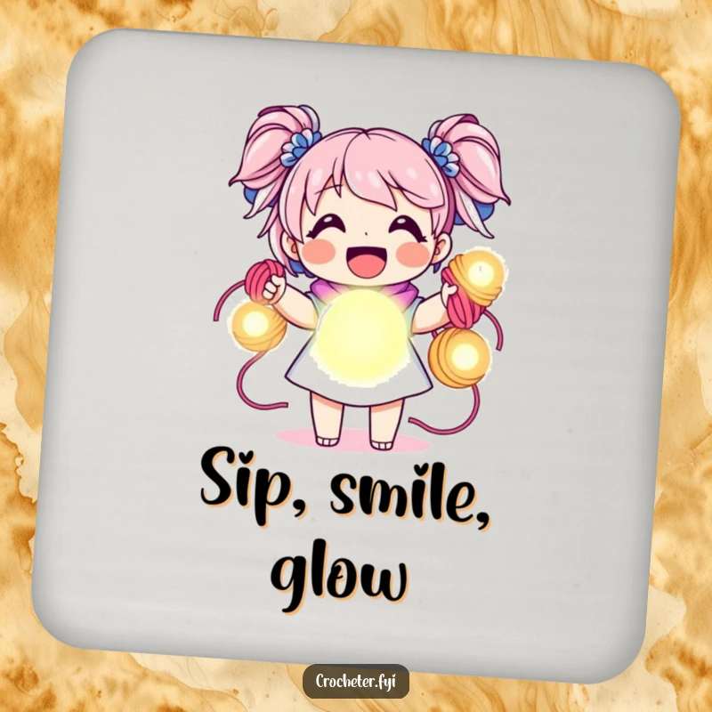 Funny coaster, joyful character holding vibrant yarn skeins like glowing orbs, humorous protection for surfaces.