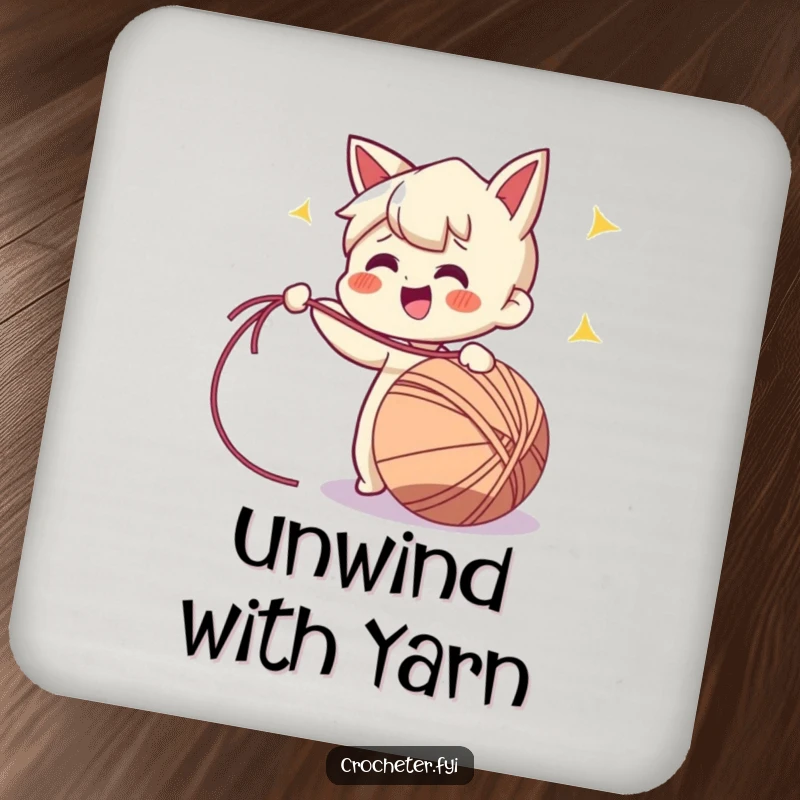 Funny drink coaster featuring a cheerful character enthusiastically pulling a long strand of yarn from a ball, adding crafting humor.