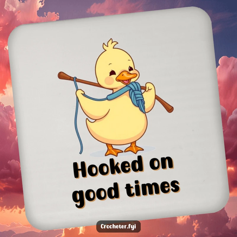 Funny drink coaster with a duck crocheting yarn using a hook, adding a humorous touch to table protection.