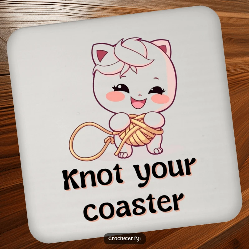 Funny drink coaster showcasing a mischievous character grinning while tangled in a colorful yarn knot, adding playful charm.