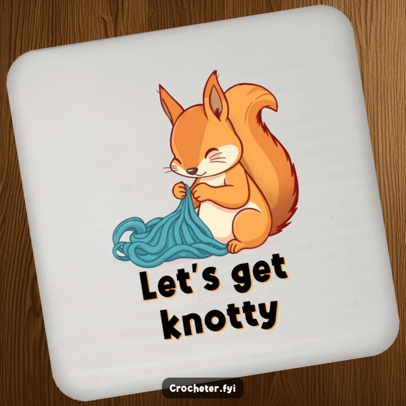 Funny squirrel knitting a stitch on a drink coaster, adding humorous charm to any surface, a great gift.