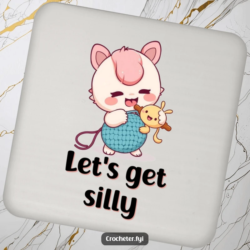 Funny Coaster: A mischievous character playfully tickles a friend with a crochet hook, protecting surfaces with humor.