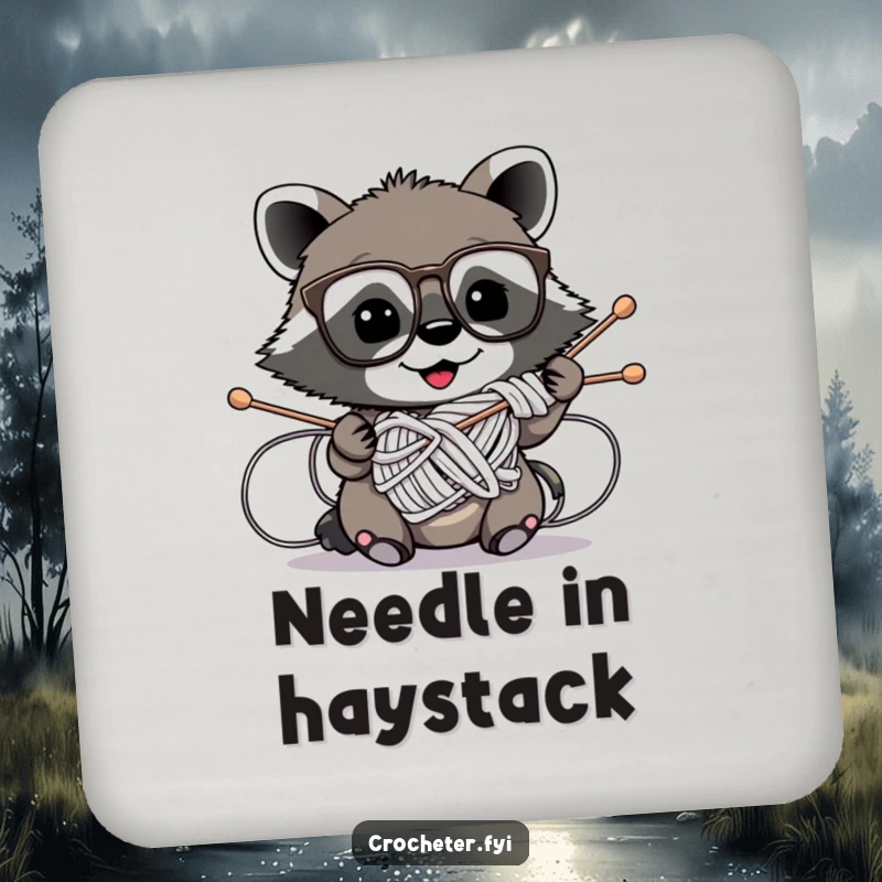 Funny drink coaster with a mischievous raccoon wearing glasses hilariously tangled in knitting needles, a humorous addition to any table.