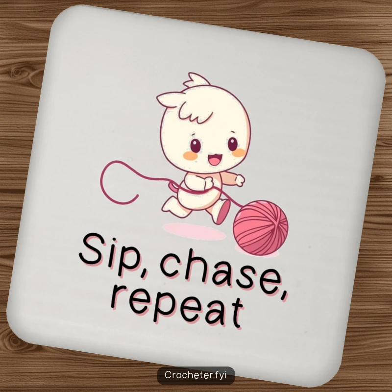 Funny coaster featuring a character playfully chasing a ball of yarn, offering surface protection with a dose of lighthearted fun.