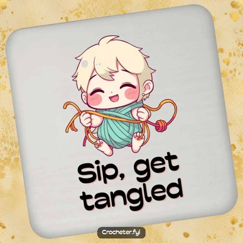 Funny Coaster with a grinning character humorously tangled in colorful yarn strands, adding a touch of crafting fun to any table.