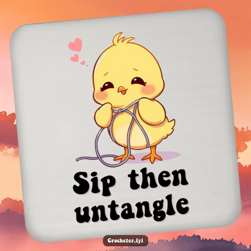 Funny chick drink coaster, depicting a chick happily unraveling a ball of yarn, a cute accessory for tables.