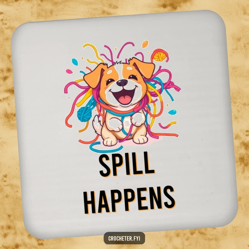 Funny excited dog comically stuck in a colorful yarn explosion, a humorous drink coaster design for tabletops.
