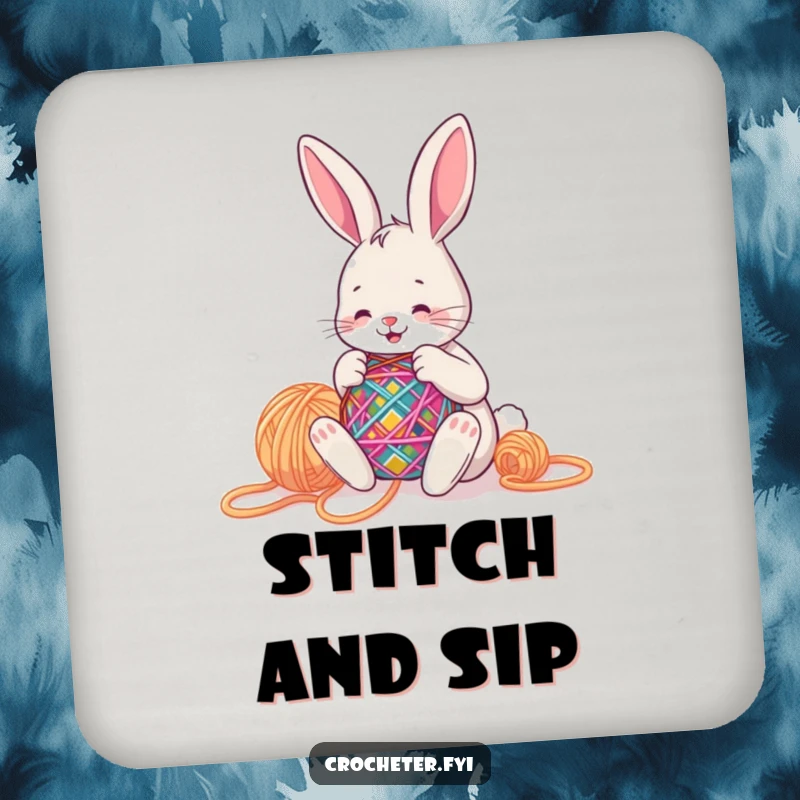 Funny bunny happily stitching a colorful pattern with big yarn, adding a creative and protective accent to your tables.