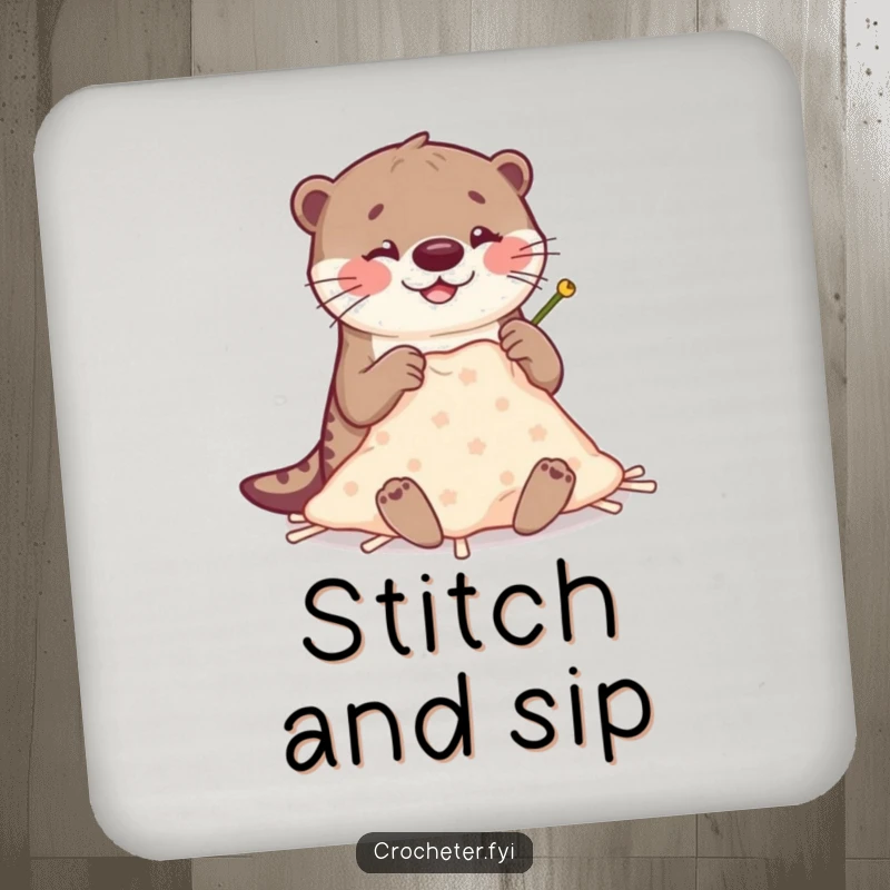Funny Otter Stitching Coaster: Happy otter humorously crafts with large, clumsy needles, a funny home decor gift.