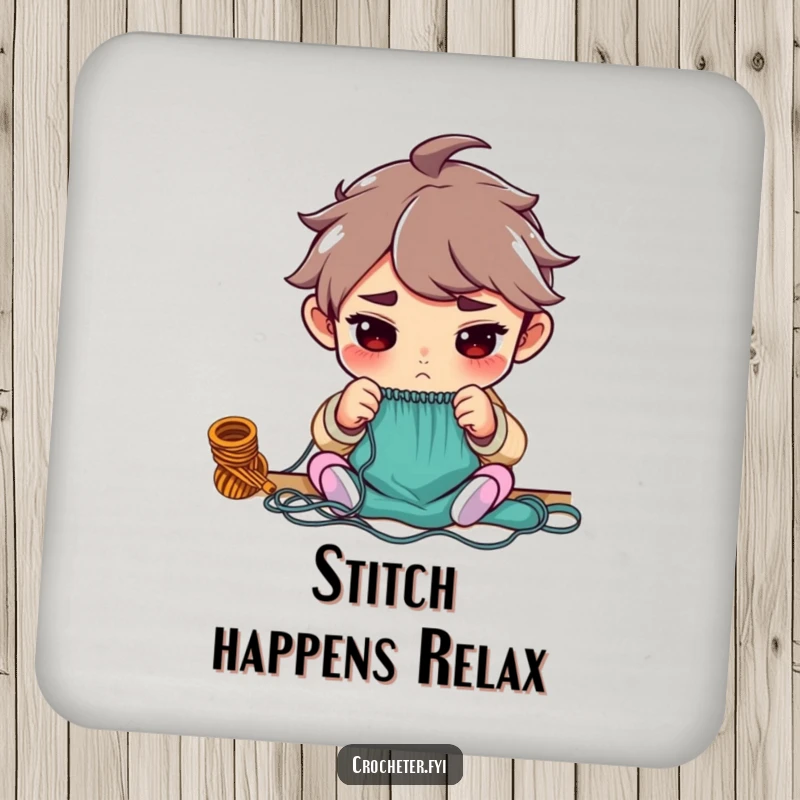 Funny drink coaster with a determined character counting knitting stitches, protecting surfaces with humorous dedication.