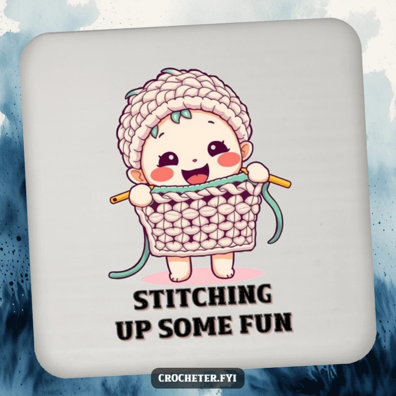 Funny Crochet Coaster: A happy character enthusiastically demonstrates a complex crochet stitch, adding a touch of skill to drink coasters.