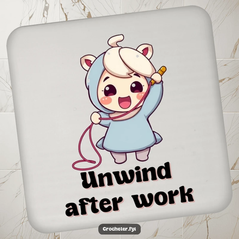 Funny Crochet Coaster: Cheerful character joyfully pulls a long thread from a crochet hook, adding a humorous touch to drink protection.