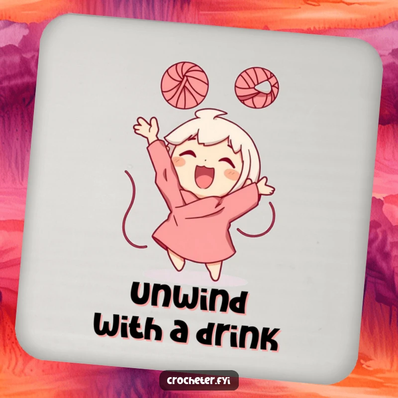 Funny Drink Coaster with a character gleefully throwing a ball of yarn, ideal for protecting surfaces with humorous, spreadable joy.