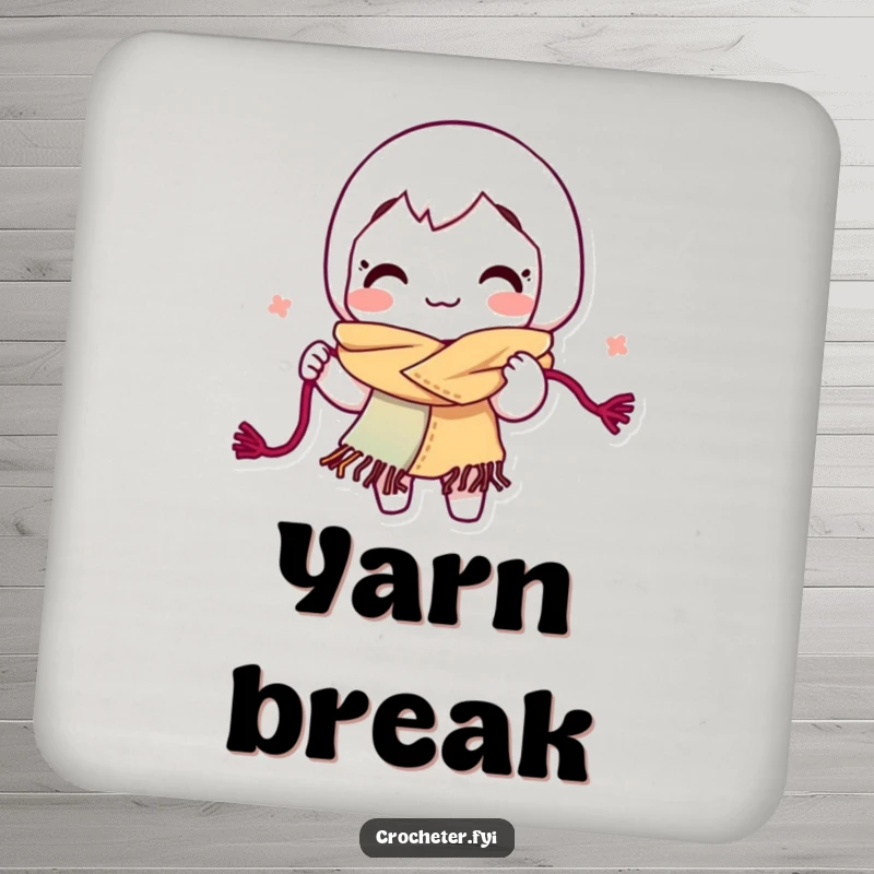 Funny yarn looping coaster, featuring a smiling character energetically crafting a colorful scarf from yarn.