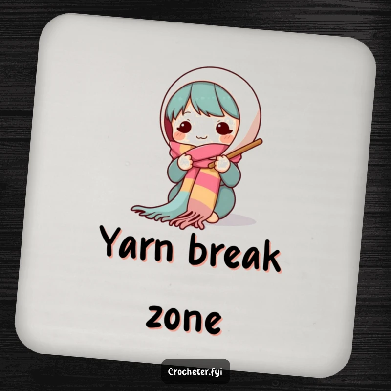 Funny drink coaster showcasing a smiling character knitting a long scarf with large needles, protecting surfaces with crafty charm.