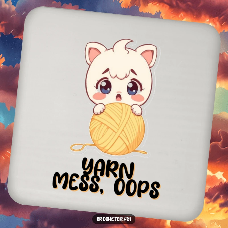 Funny drink coaster featuring a surprised character dropping yarn, wide eyes showing alarm, protects surfaces humorously.