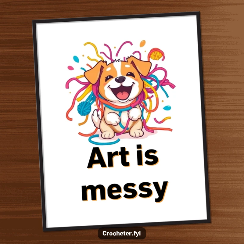 Funny excited dog comically tangled in a massive, colorful yarn explosion, depicted as a playful wall art piece.