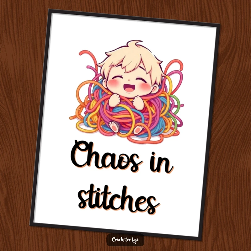 Funny poster art of a giggling character joyfully entangled in a massive, colorful skein of yarn.