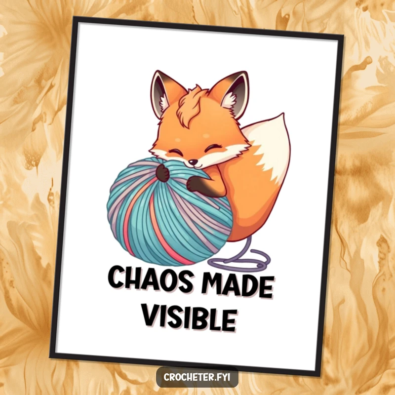 Funny poster showcasing a fox comically unravelling a large, vibrant ball of yarn, adding a touch of playful chaos.