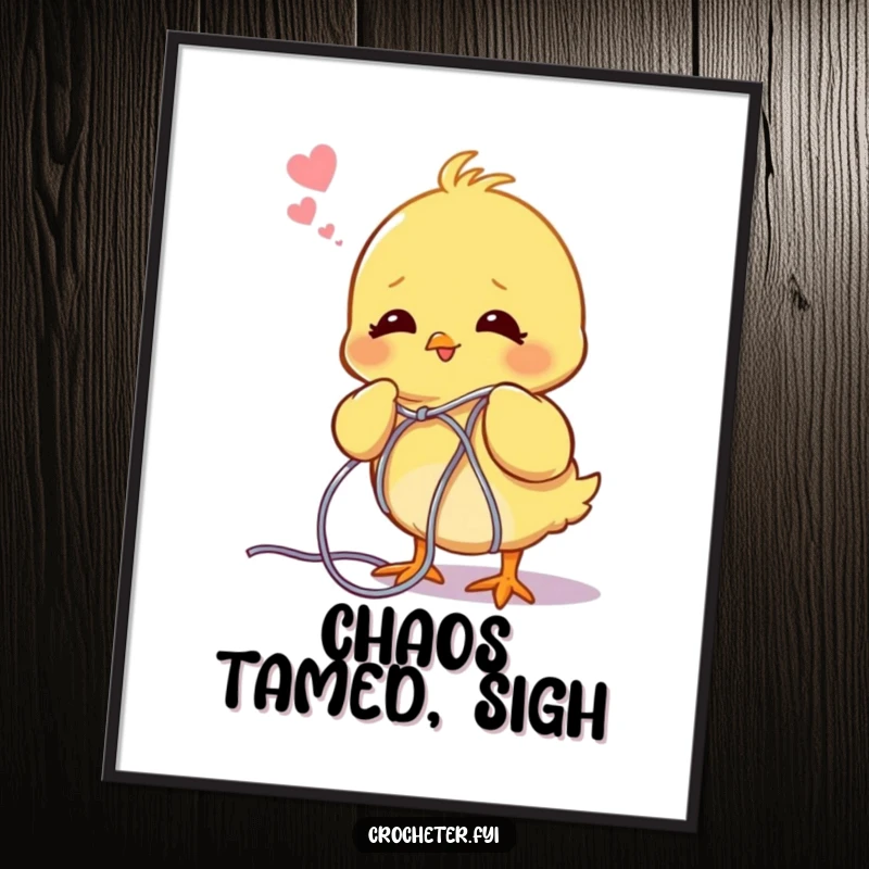 Funny chick poster, smiling as it unravels a messy ball of yarn, adding whimsical decor to any room.