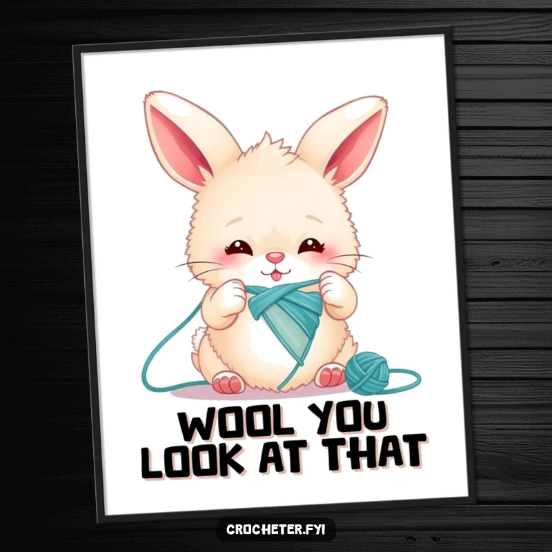 Funny bunny poster featuring a fluffy rabbit enthusiastically knitting a single, long thread, creating a whimsical scene.