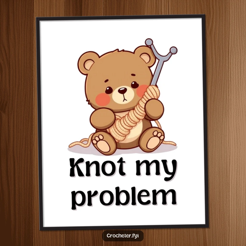 Funny poster art of a clumsy bear humorously tangled in a giant crochet hook, celebrating yarn crafting chaos.