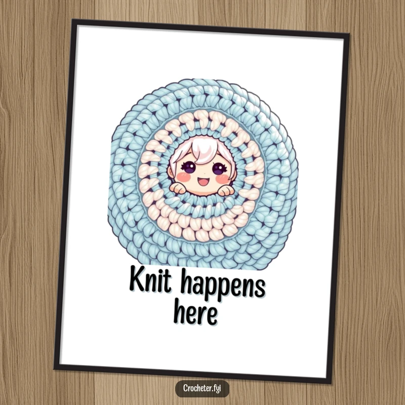 Funny poster of a cheerful character emerging from a gigantic crochet project, adding whimsical humor to home decor.