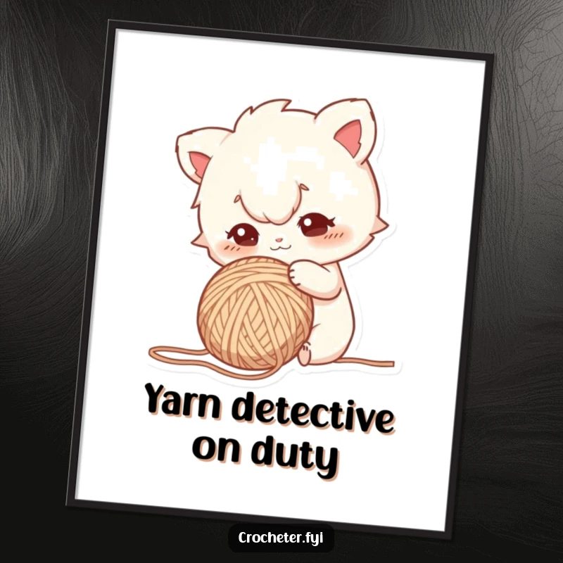 Funny poster displaying a curious character with a focused gaze, poking a ball of yarn, creating an intriguing and humorous scene.