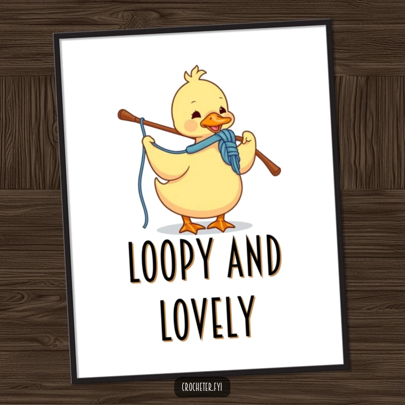 Funny poster illustrating a dedicated duck crocheting with yarn and a hook, celebrating the art of creating.